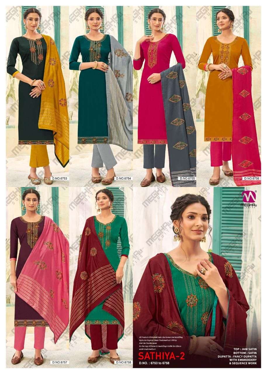 SATHIYA VOL-2 BY MEGHALI SUITS 6753 TO 6758 SERIES BEAUTIFUL SUITS COLORFUL STYLISH FANCY CASUAL WEAR & ETHNIC WEAR JAM SATIN DRESSES AT WHOLESALE PRICE
