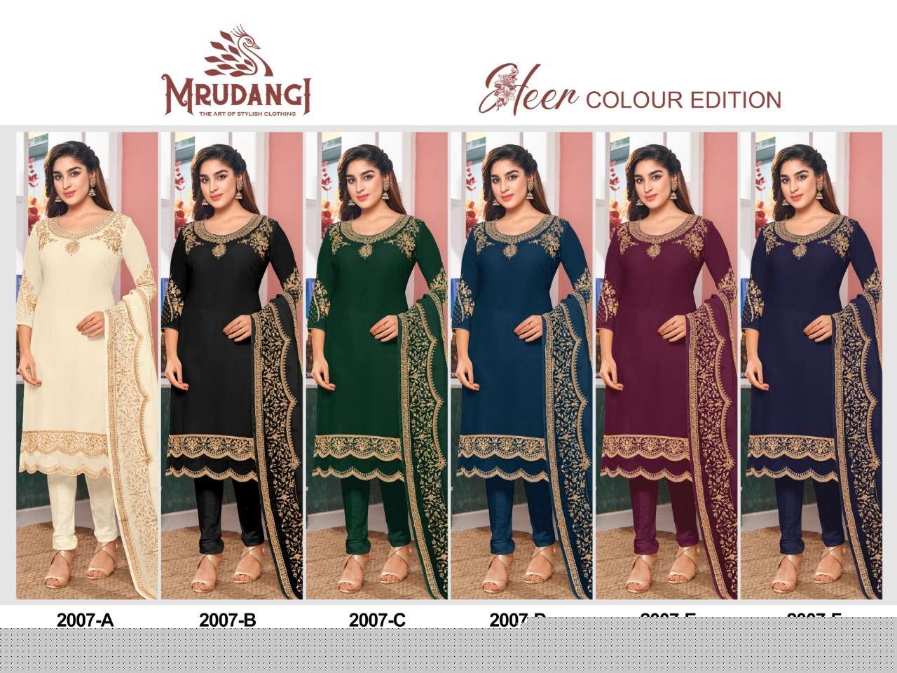 Heer Colour Edition By Mrudangi 2007-A To 2007-F Series Beautiful Stylish Suits Fancy Colorful Casual Wear & Ethnic Wear & Ready To Wear Heavy Faux Georgette Embroidered Dresses At Wholesale Price