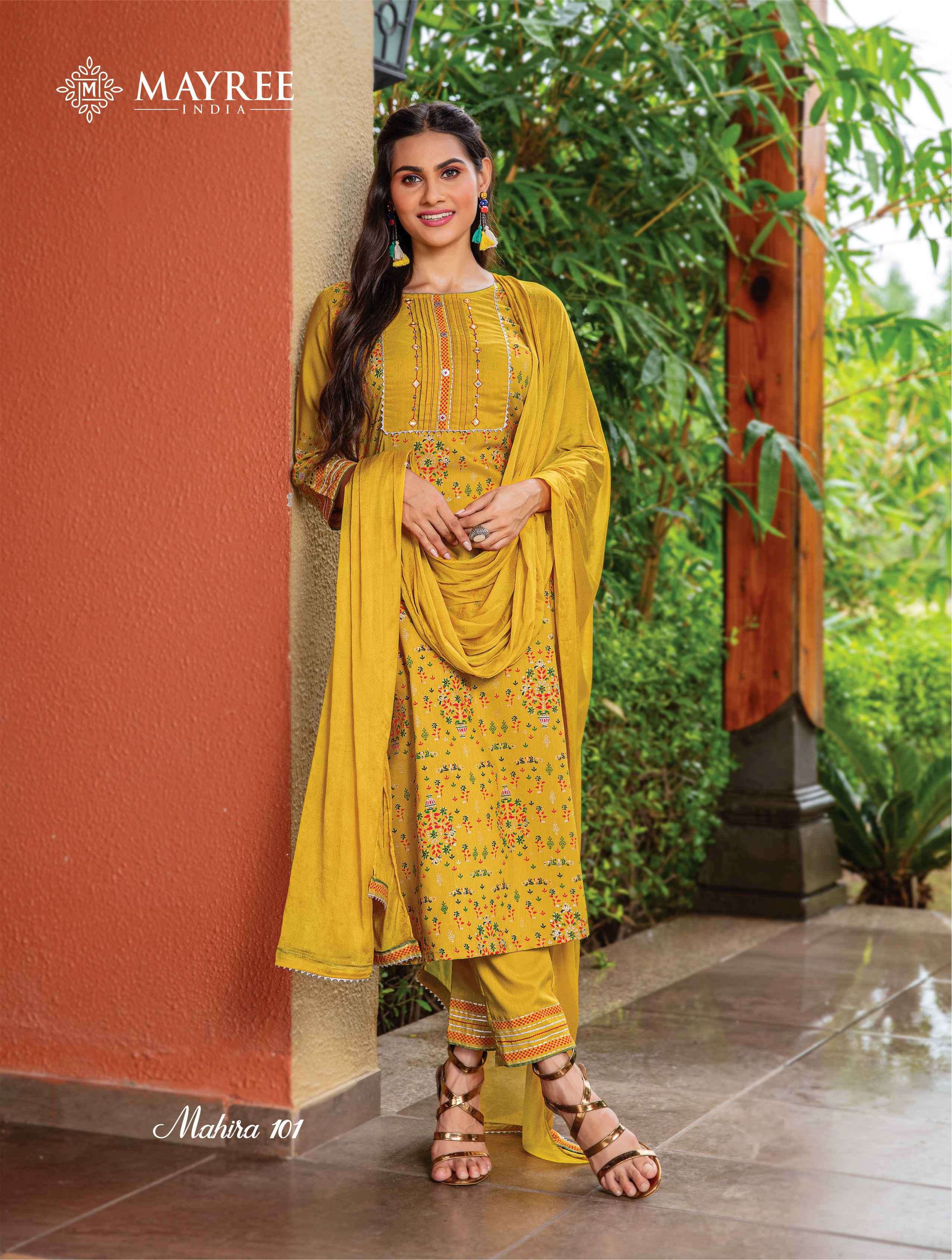 MAHIRA BY MAYREE 1001 TO 1008 SERIES BEAUTIFUL SUITS COLORFUL STYLISH FANCY CASUAL WEAR & ETHNIC WEAR HEAVY RAYON WITH WORK DRESSES AT WHOLESALE PRICE