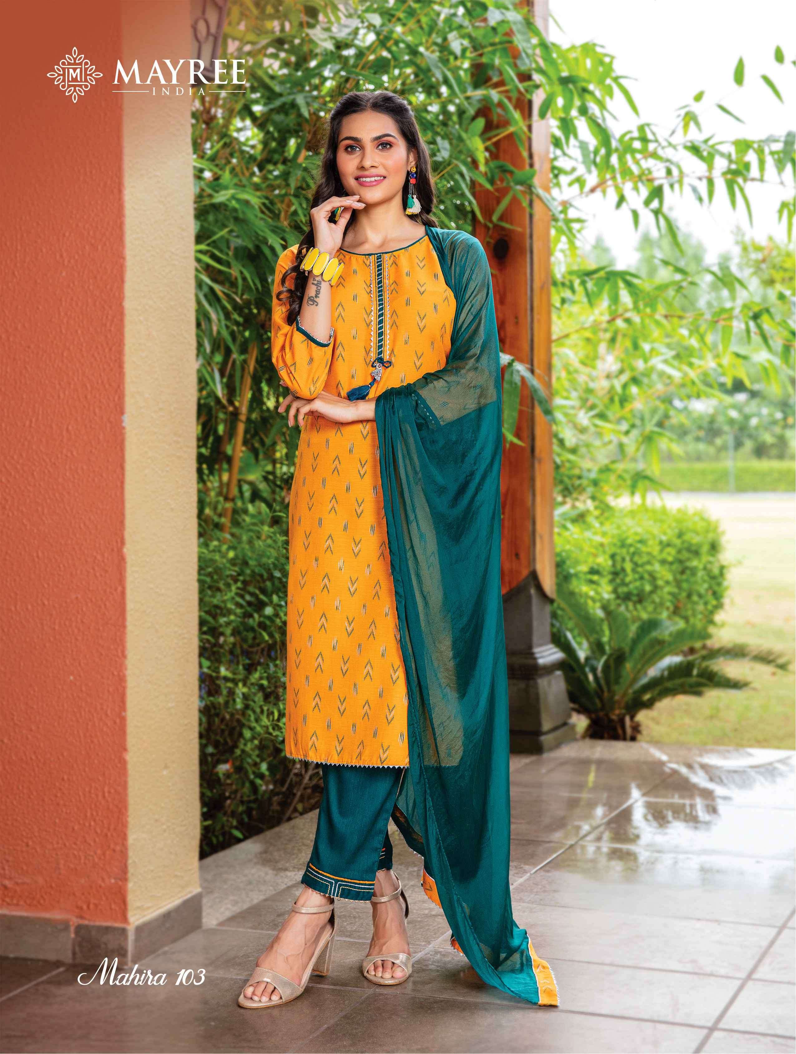 MAHIRA BY MAYREE 1001 TO 1008 SERIES BEAUTIFUL SUITS COLORFUL STYLISH FANCY CASUAL WEAR & ETHNIC WEAR HEAVY RAYON WITH WORK DRESSES AT WHOLESALE PRICE