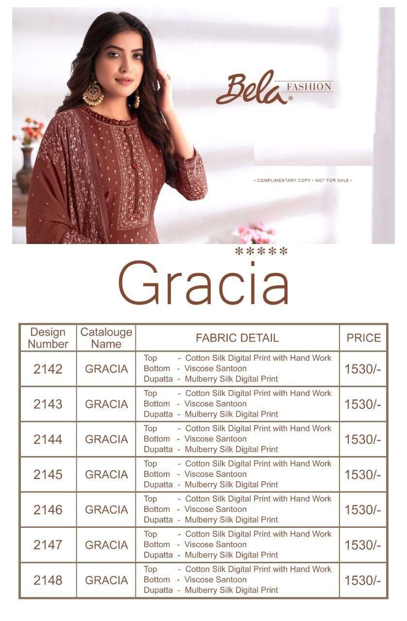 GRACIA BY BELA FASHION 2142 TO 2148 SERIES BEAUTIFUL SUITS COLORFUL STYLISH FANCY CASUAL WEAR & ETHNIC WEAR COTTON SILK DIGITAL PRINT DRESSES AT WHOLESALE PRICE
