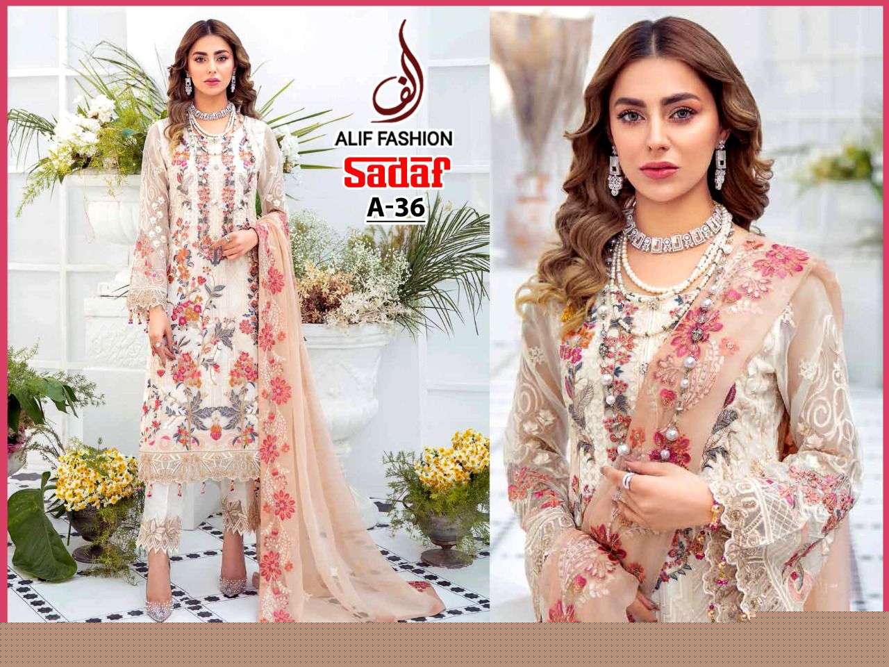 SADAF BY ALIF FASHION DESIGNER PAKISTANI SUITS BEAUTIFUL STYLISH FANCY COLORFUL PARTY WEAR & OCCASIONAL WEAR HEAVY GEORGETTE EMBROIDERY DRESSES AT WHOLESALE PRICE