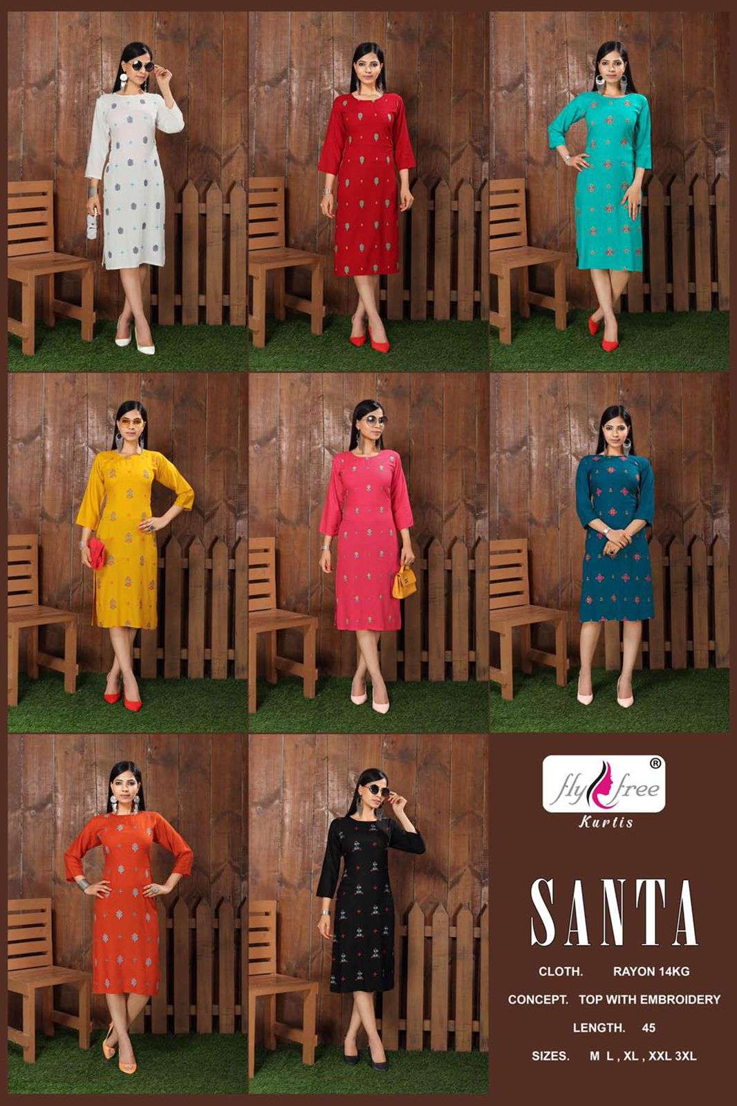 SANTA BY FLY FREE 1001 TO 1008 SERIES DESIGNER STYLISH FANCY COLORFUL BEAUTIFUL PARTY WEAR & ETHNIC WEAR COLLECTION RAYON EMBROIDERY KURTIS AT WHOLESALE PRICE