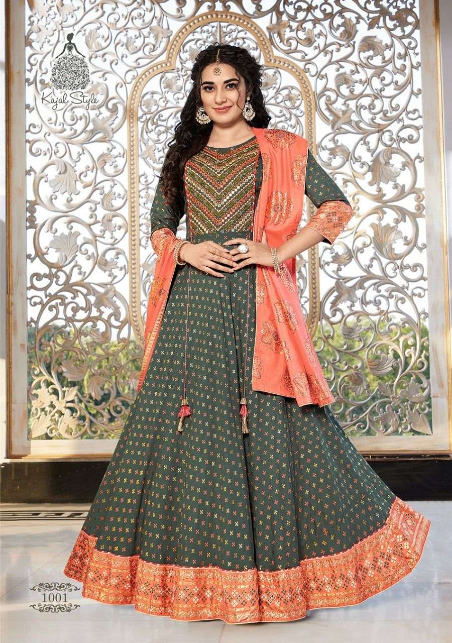 FASHION HIRVA BY KAJAL STYLE 1001 TO 1008 SERIES BEAUTIFUL STYLISH FANCY COLORFUL CASUAL WEAR & ETHNIC WEAR RAYON EMBROIDERED GOWNS WITH DUPATTA AT WHOLESALE PRICE