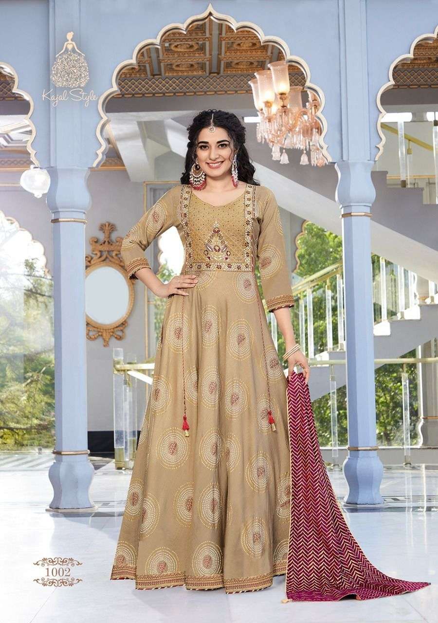 FASHION HIRVA BY KAJAL STYLE 1001 TO 1008 SERIES BEAUTIFUL STYLISH FANCY COLORFUL CASUAL WEAR & ETHNIC WEAR RAYON EMBROIDERED GOWNS WITH DUPATTA AT WHOLESALE PRICE