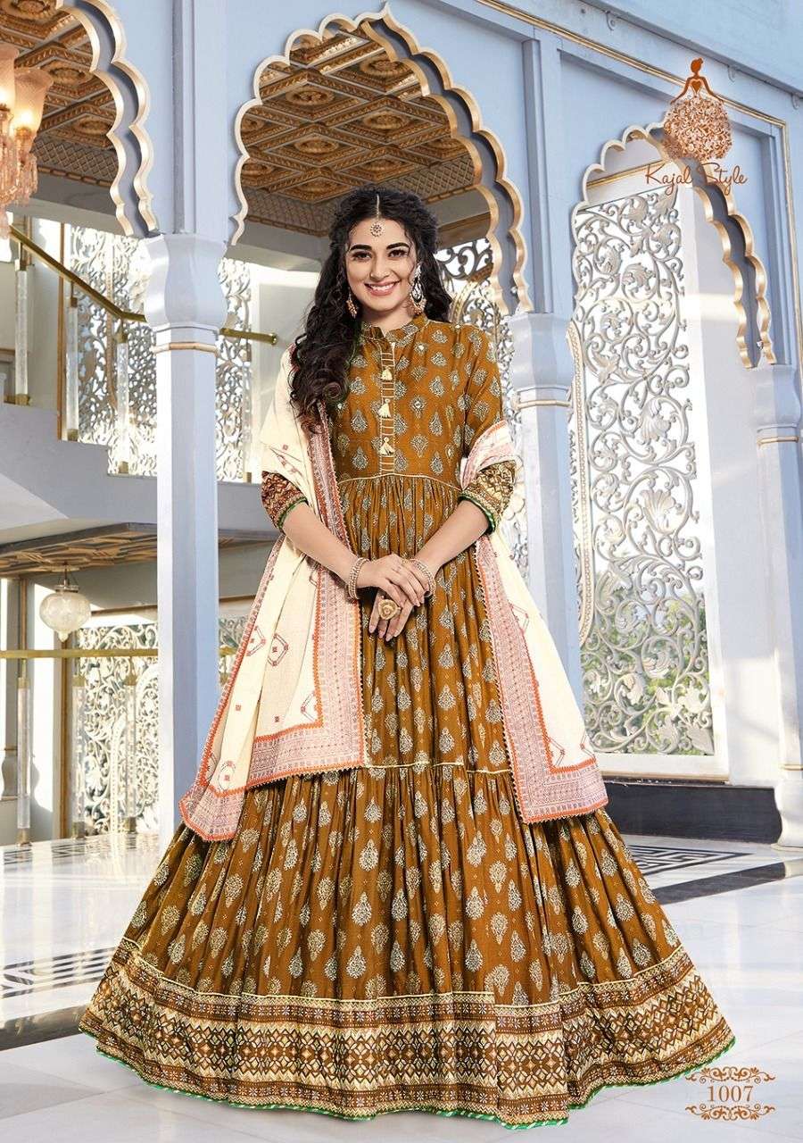 FASHION HIRVA BY KAJAL STYLE 1001 TO 1008 SERIES BEAUTIFUL STYLISH FANCY COLORFUL CASUAL WEAR & ETHNIC WEAR RAYON EMBROIDERED GOWNS WITH DUPATTA AT WHOLESALE PRICE