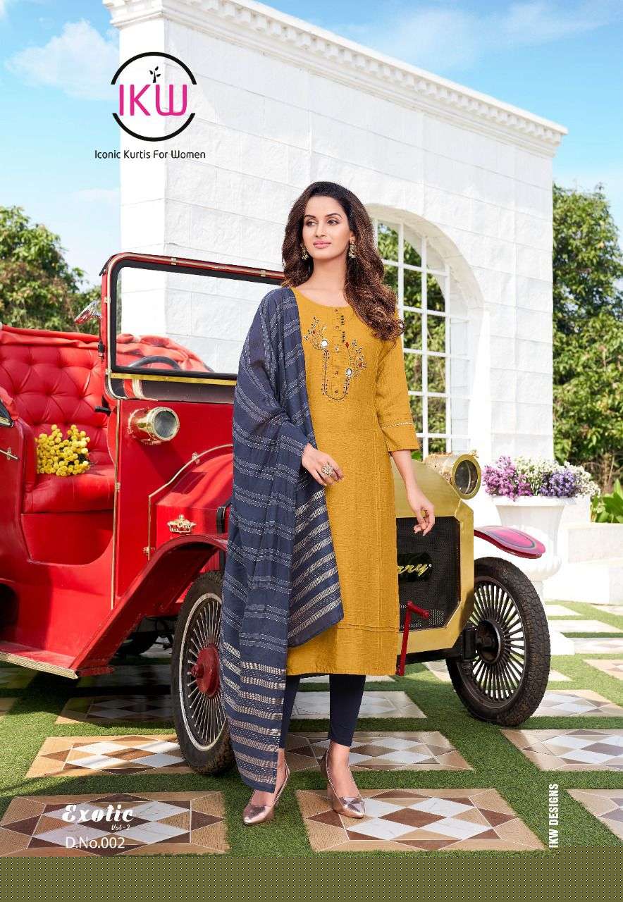 EXOTIC VOL-2 BY IKW 001 TO 006 SERIES DESIGNER STYLISH FANCY COLORFUL BEAUTIFUL PARTY WEAR & ETHNIC WEAR COLLECTION NYLON VISCOSE KURTIS WITH DUPATTA AT WHOLESALE PRICE