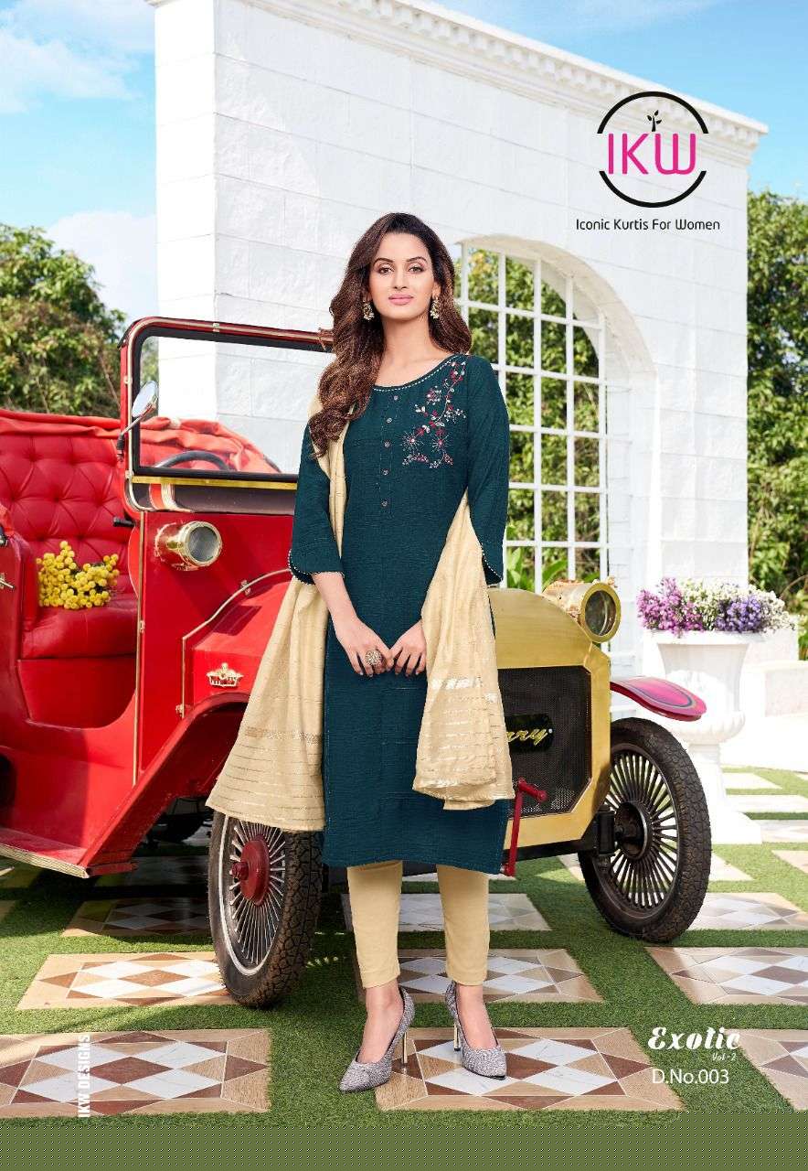 EXOTIC VOL-2 BY IKW 001 TO 006 SERIES DESIGNER STYLISH FANCY COLORFUL BEAUTIFUL PARTY WEAR & ETHNIC WEAR COLLECTION NYLON VISCOSE KURTIS WITH DUPATTA AT WHOLESALE PRICE