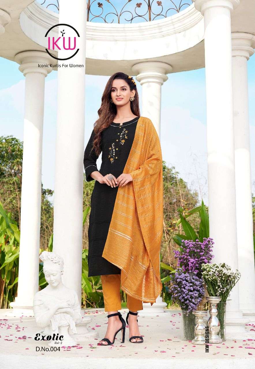 EXOTIC VOL-2 BY IKW 001 TO 006 SERIES DESIGNER STYLISH FANCY COLORFUL BEAUTIFUL PARTY WEAR & ETHNIC WEAR COLLECTION NYLON VISCOSE KURTIS WITH DUPATTA AT WHOLESALE PRICE