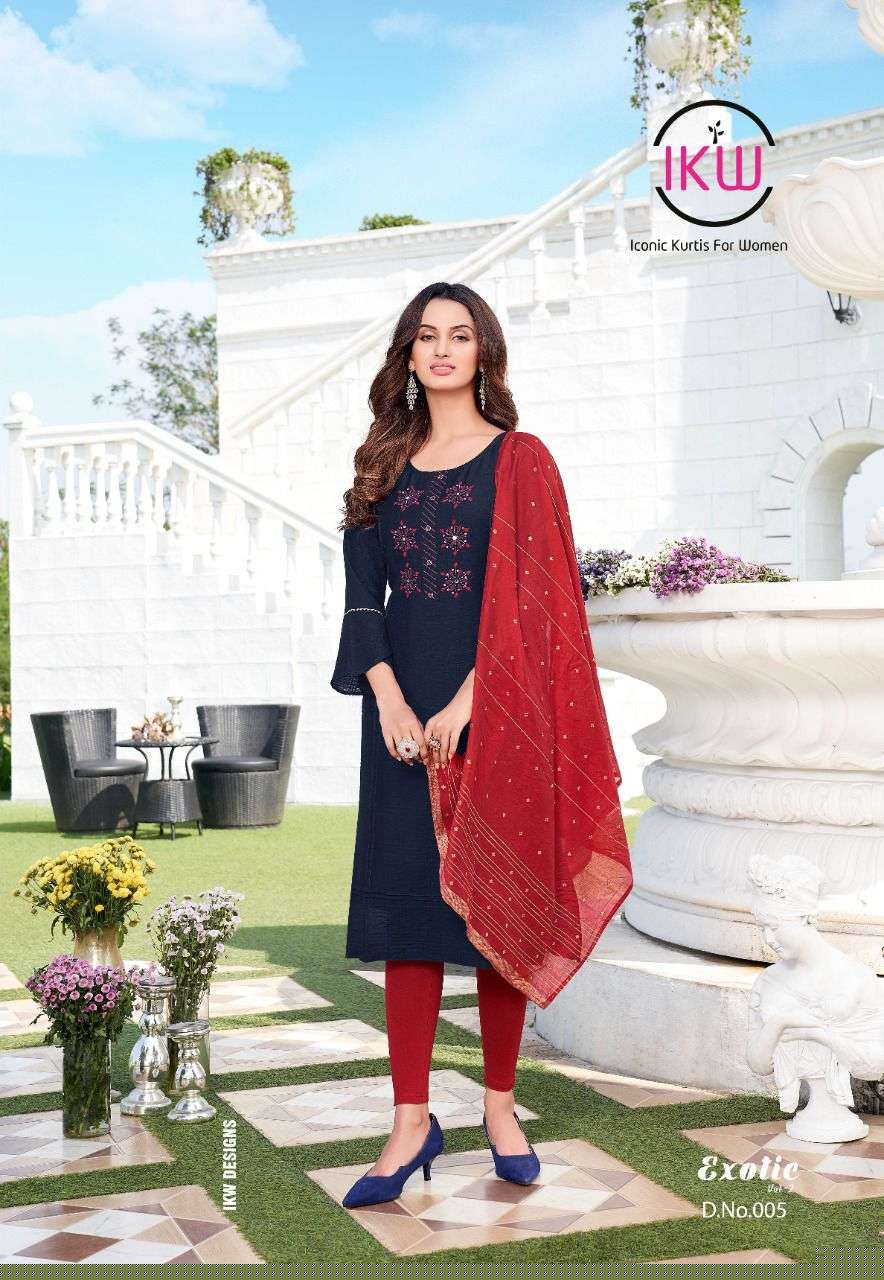 EXOTIC VOL-2 BY IKW 001 TO 006 SERIES DESIGNER STYLISH FANCY COLORFUL BEAUTIFUL PARTY WEAR & ETHNIC WEAR COLLECTION NYLON VISCOSE KURTIS WITH DUPATTA AT WHOLESALE PRICE