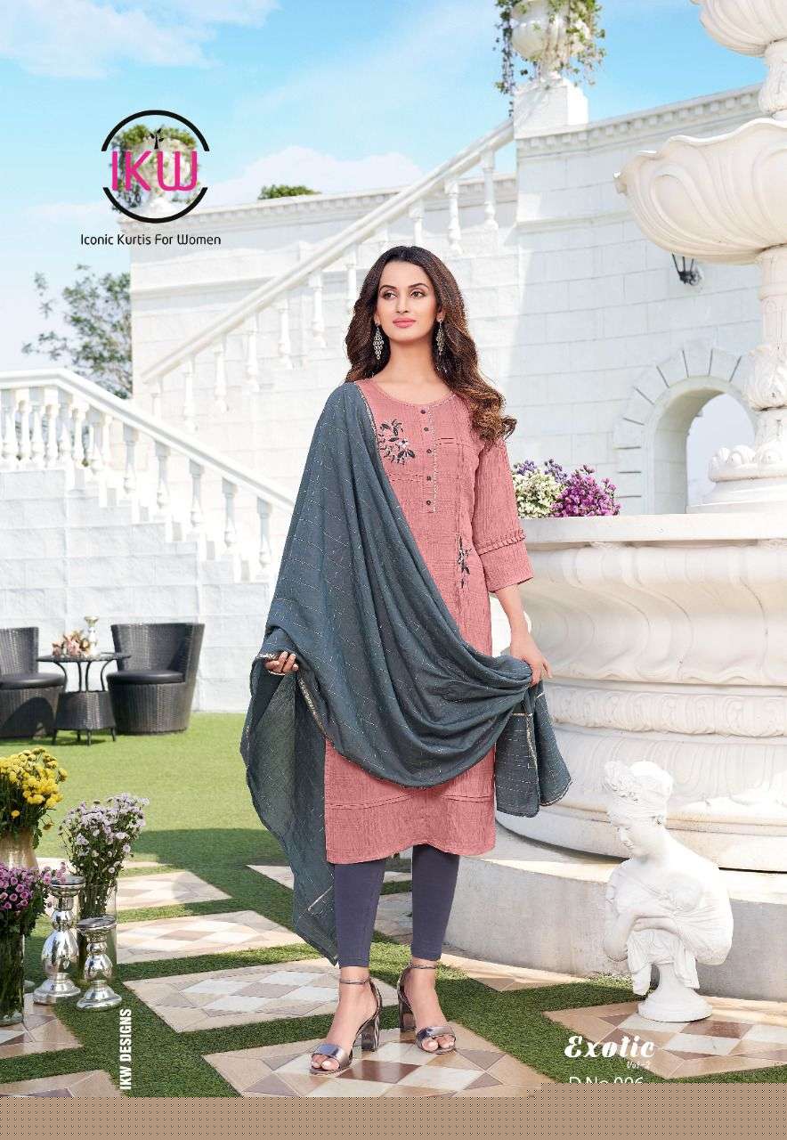 EXOTIC VOL-2 BY IKW 001 TO 006 SERIES DESIGNER STYLISH FANCY COLORFUL BEAUTIFUL PARTY WEAR & ETHNIC WEAR COLLECTION NYLON VISCOSE KURTIS WITH DUPATTA AT WHOLESALE PRICE