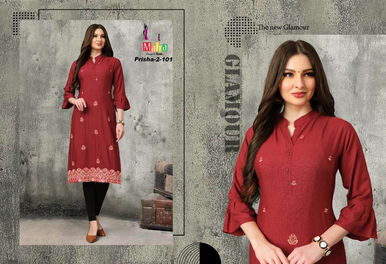 PRISHA VOL-2 BY MAIRA 101 TO 108 SERIES DESIGNER STYLISH FANCY COLORFUL BEAUTIFUL PARTY WEAR & ETHNIC WEAR COLLECTION RAYON WITH WORK KURTIS AT WHOLESALE PRICE