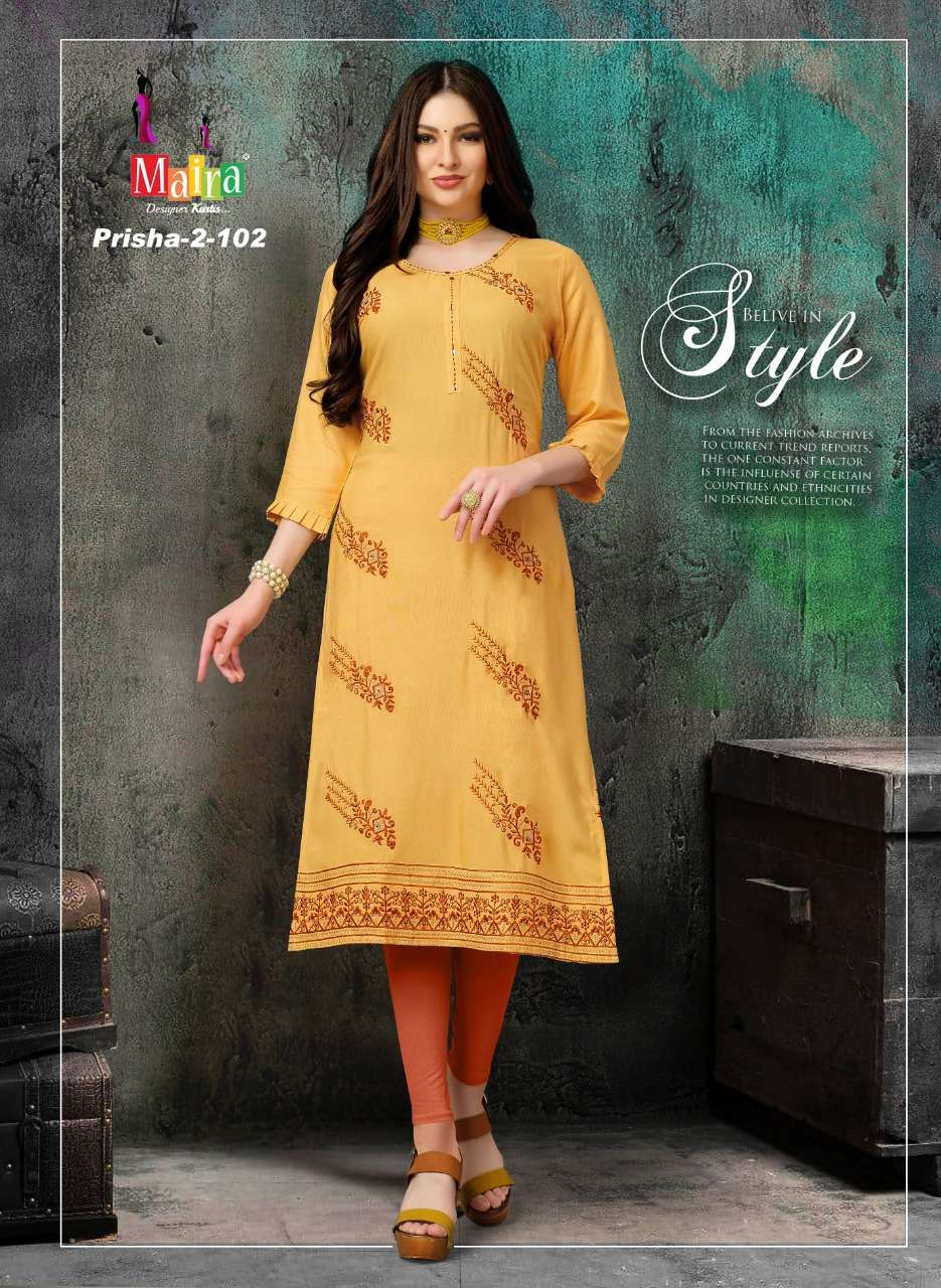 PRISHA VOL-2 BY MAIRA 101 TO 108 SERIES DESIGNER STYLISH FANCY COLORFUL BEAUTIFUL PARTY WEAR & ETHNIC WEAR COLLECTION RAYON WITH WORK KURTIS AT WHOLESALE PRICE