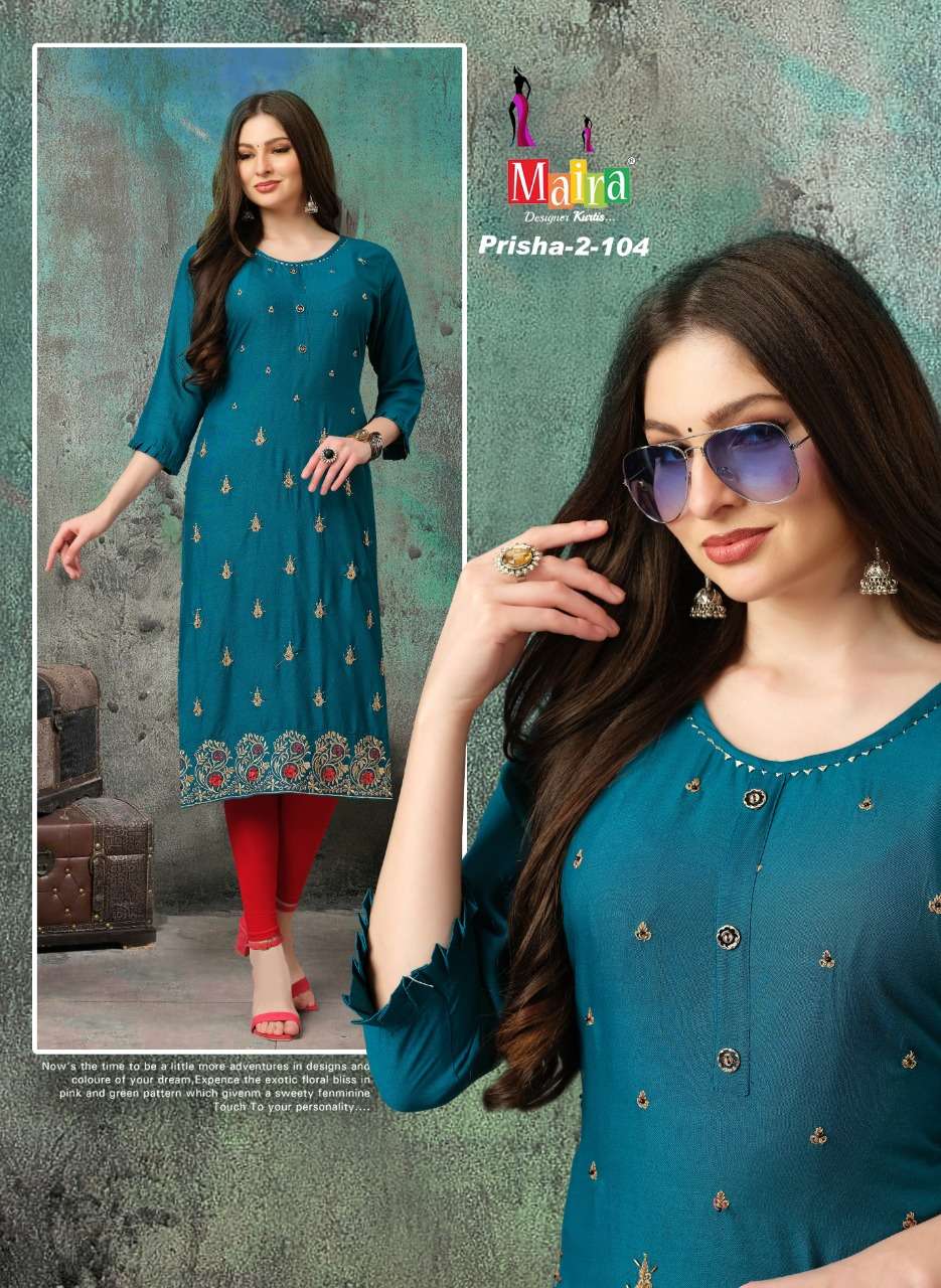 PRISHA VOL-2 BY MAIRA 101 TO 108 SERIES DESIGNER STYLISH FANCY COLORFUL BEAUTIFUL PARTY WEAR & ETHNIC WEAR COLLECTION RAYON WITH WORK KURTIS AT WHOLESALE PRICE