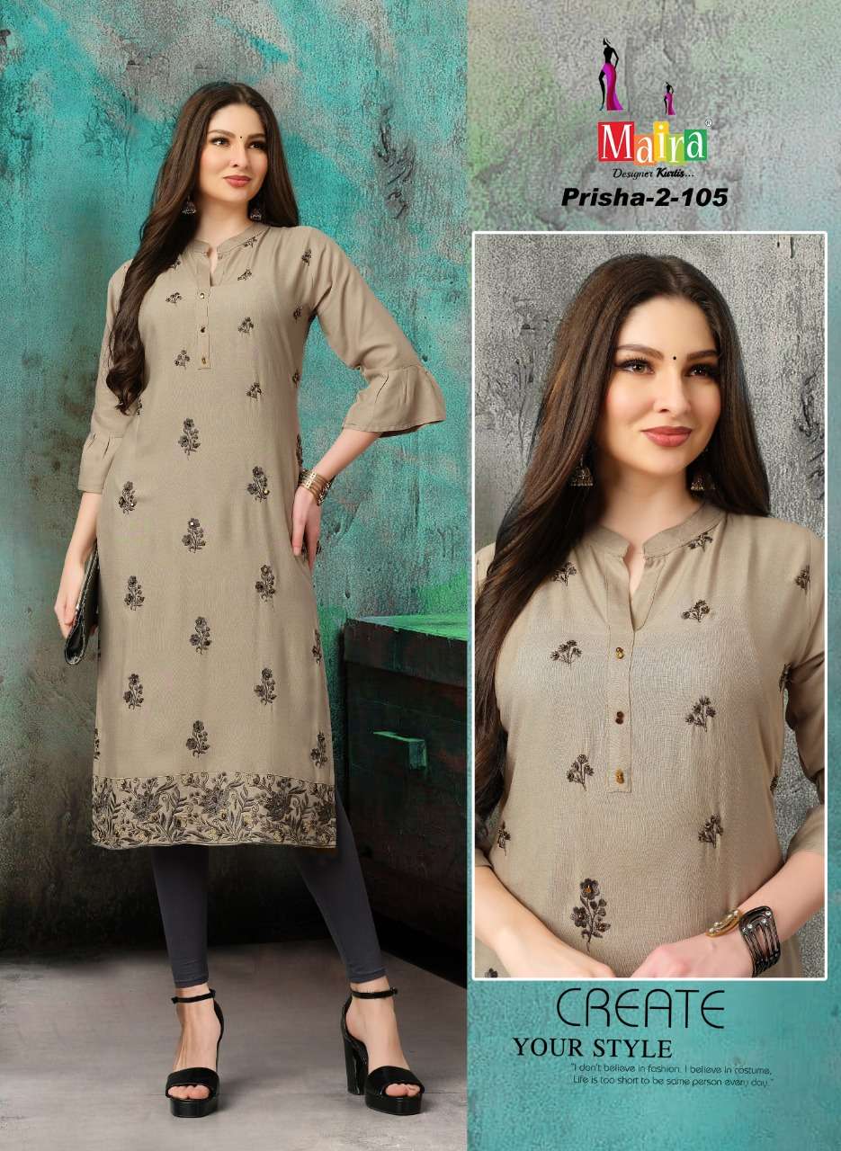PRISHA VOL-2 BY MAIRA 101 TO 108 SERIES DESIGNER STYLISH FANCY COLORFUL BEAUTIFUL PARTY WEAR & ETHNIC WEAR COLLECTION RAYON WITH WORK KURTIS AT WHOLESALE PRICE