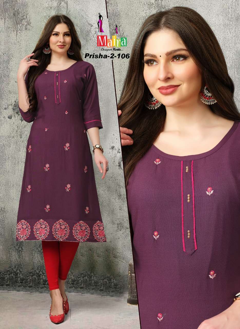 PRISHA VOL-2 BY MAIRA 101 TO 108 SERIES DESIGNER STYLISH FANCY COLORFUL BEAUTIFUL PARTY WEAR & ETHNIC WEAR COLLECTION RAYON WITH WORK KURTIS AT WHOLESALE PRICE