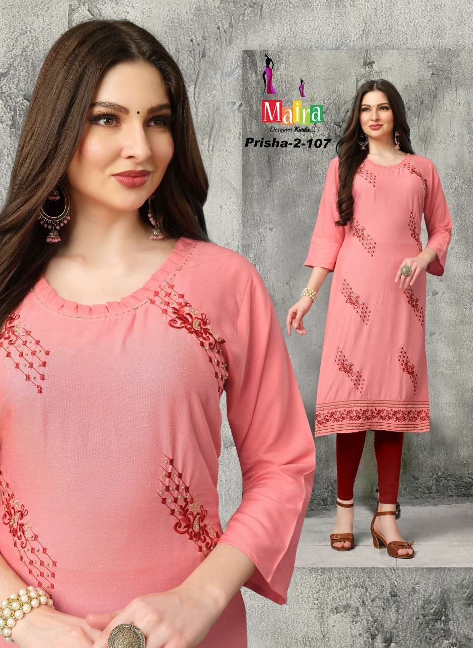 PRISHA VOL-2 BY MAIRA 101 TO 108 SERIES DESIGNER STYLISH FANCY COLORFUL BEAUTIFUL PARTY WEAR & ETHNIC WEAR COLLECTION RAYON WITH WORK KURTIS AT WHOLESALE PRICE