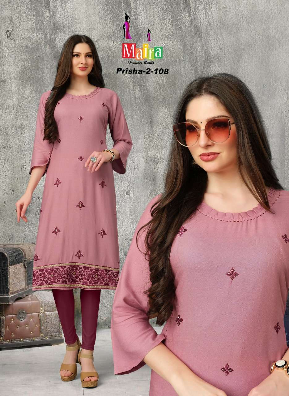 PRISHA VOL-2 BY MAIRA 101 TO 108 SERIES DESIGNER STYLISH FANCY COLORFUL BEAUTIFUL PARTY WEAR & ETHNIC WEAR COLLECTION RAYON WITH WORK KURTIS AT WHOLESALE PRICE