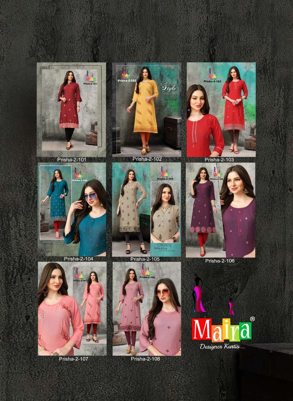 PRISHA VOL-2 BY MAIRA 101 TO 108 SERIES DESIGNER STYLISH FANCY COLORFUL BEAUTIFUL PARTY WEAR & ETHNIC WEAR COLLECTION RAYON WITH WORK KURTIS AT WHOLESALE PRICE