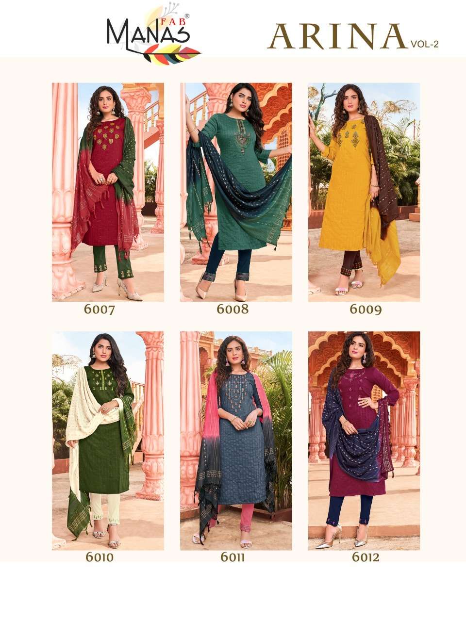 ARINA VOL-2 BY MANAS FAB 6007 TO 6012 SERIES DESIGNER SUITS BEAUTIFUL STYLISH FANCY COLORFUL PARTY WEAR & OCCASIONAL WEAR FANCY DRESSES AT WHOLESALE PRICE