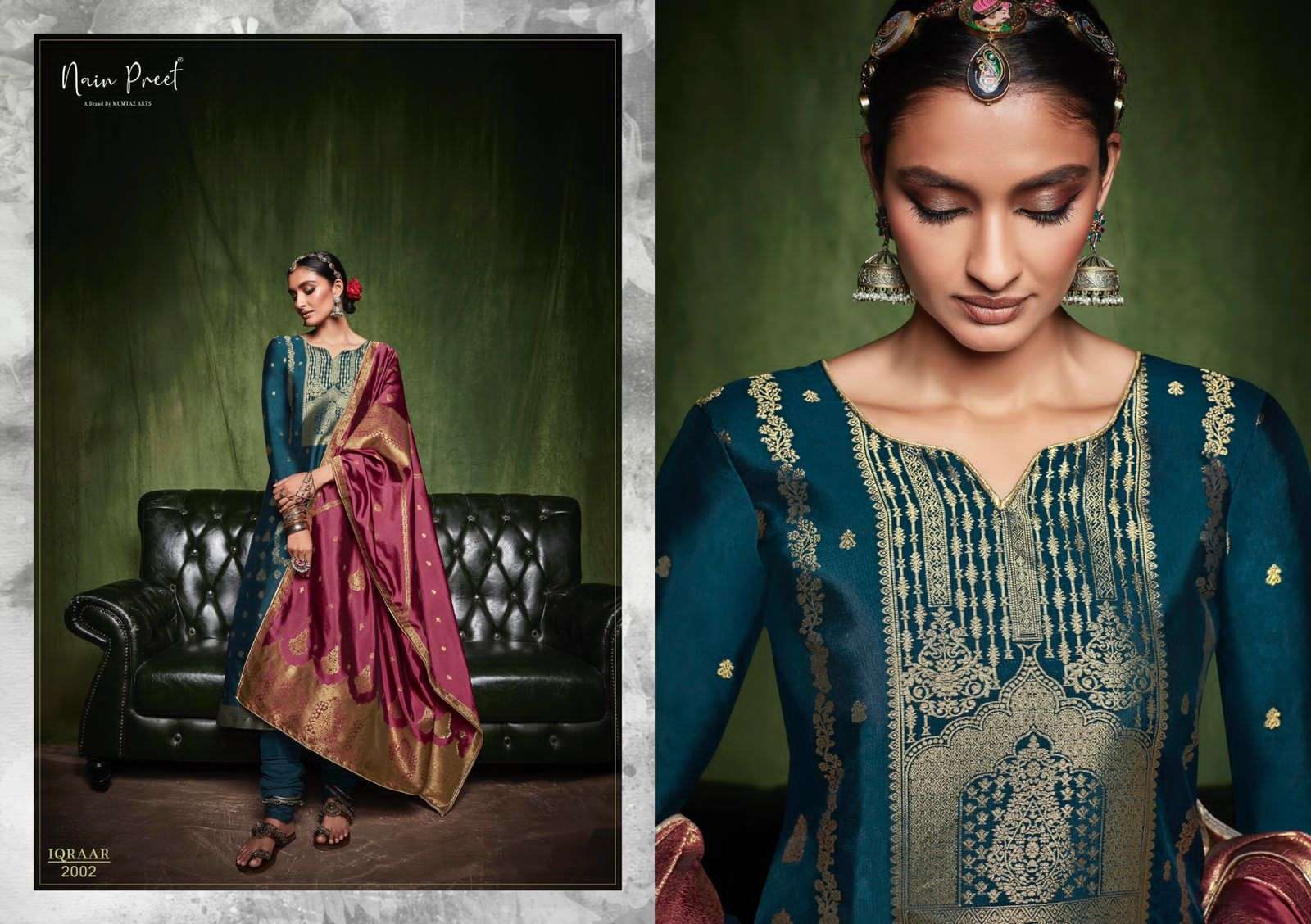 IQRAAR BY NAIN PREET 2001 TO 2006 SERIES BEAUTIFUL SUITS COLORFUL STYLISH FANCY CASUAL WEAR & ETHNIC WEAR SILK JACQUARD DRESSES AT WHOLESALE PRICE