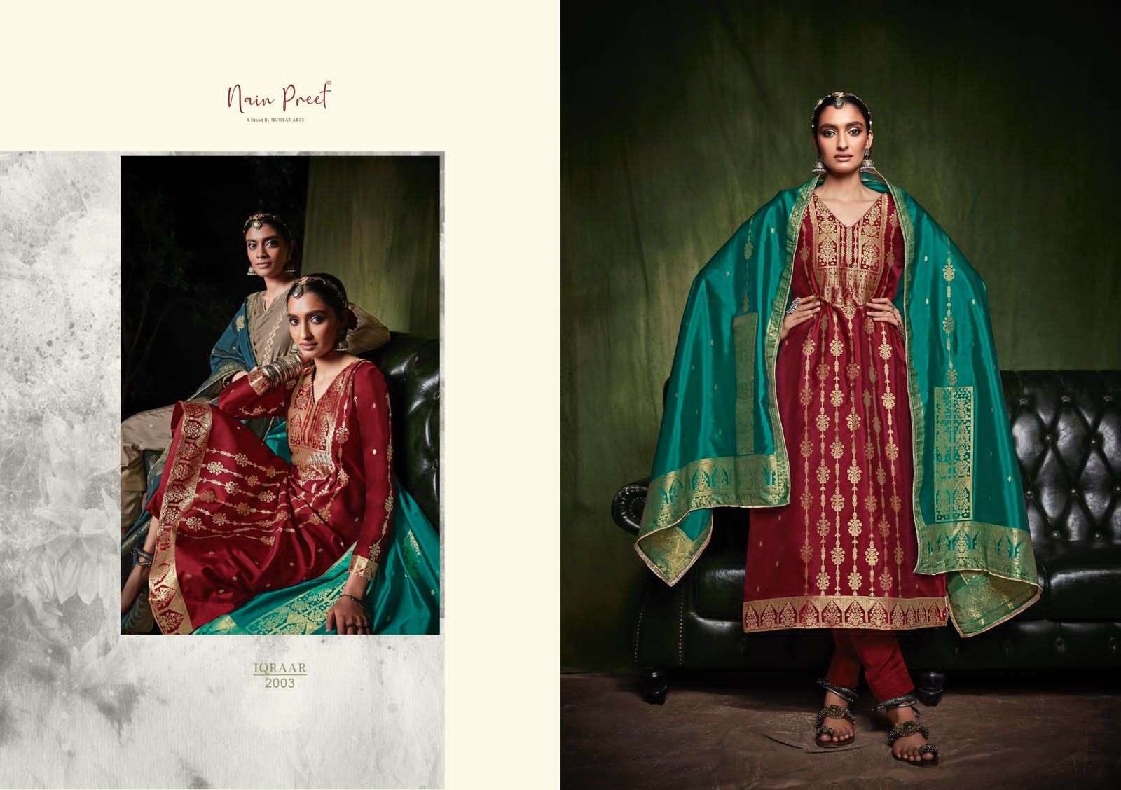 IQRAAR BY NAIN PREET 2001 TO 2006 SERIES BEAUTIFUL SUITS COLORFUL STYLISH FANCY CASUAL WEAR & ETHNIC WEAR SILK JACQUARD DRESSES AT WHOLESALE PRICE
