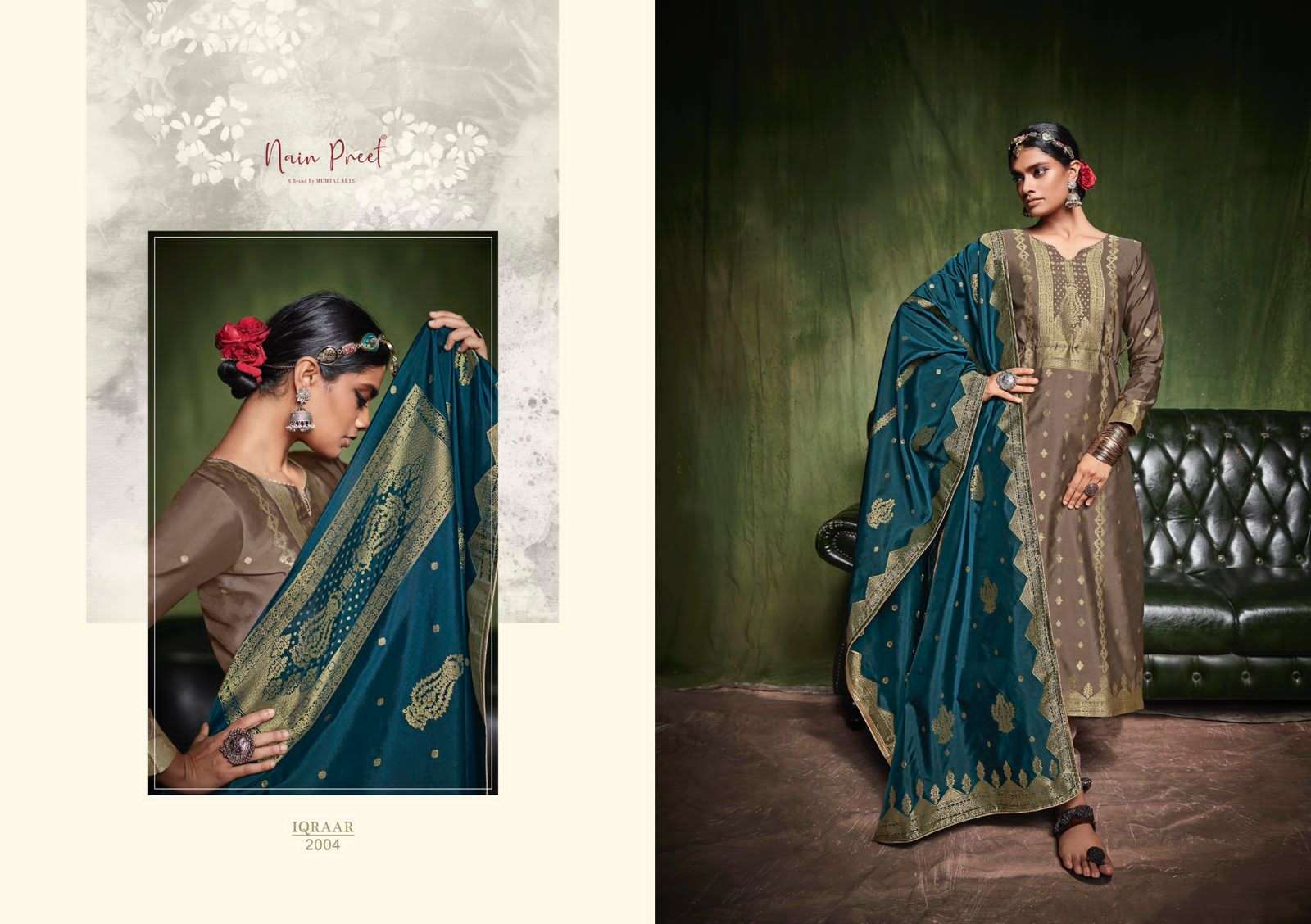 IQRAAR BY NAIN PREET 2001 TO 2006 SERIES BEAUTIFUL SUITS COLORFUL STYLISH FANCY CASUAL WEAR & ETHNIC WEAR SILK JACQUARD DRESSES AT WHOLESALE PRICE