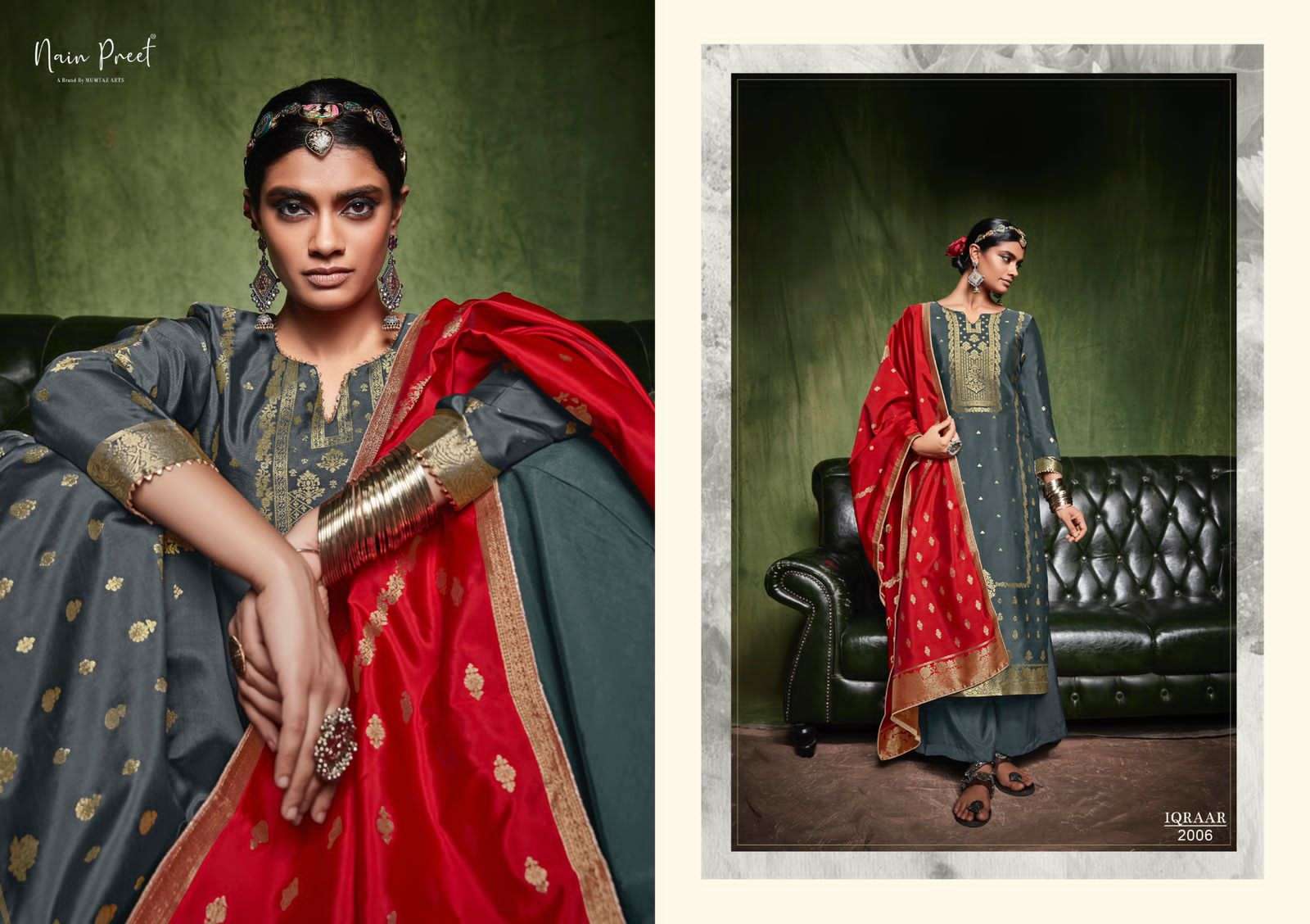 IQRAAR BY NAIN PREET 2001 TO 2006 SERIES BEAUTIFUL SUITS COLORFUL STYLISH FANCY CASUAL WEAR & ETHNIC WEAR SILK JACQUARD DRESSES AT WHOLESALE PRICE