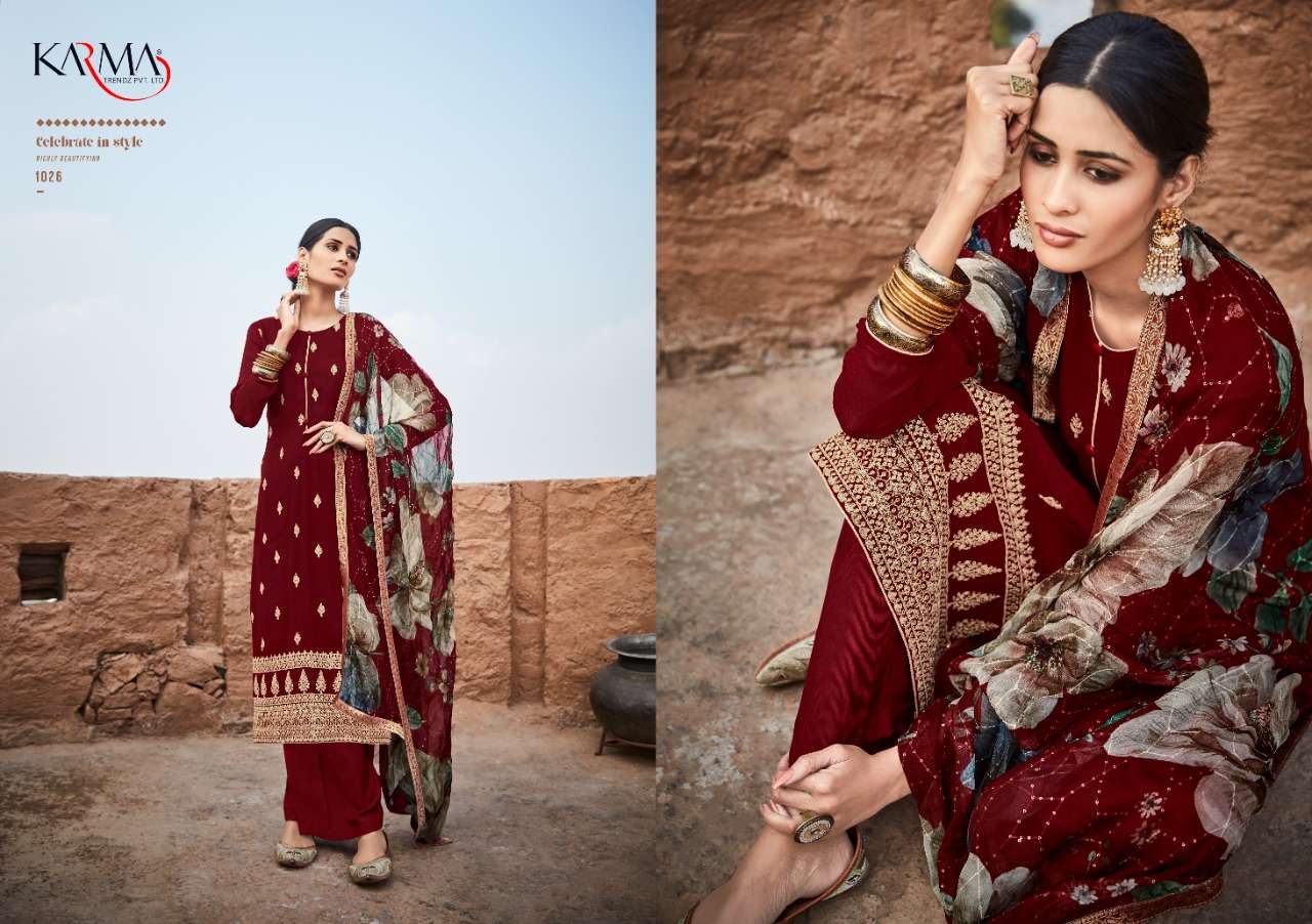 MEHRAM VOL-4 BY KARMA TRENDZ 1026 TO 1032 SERIES BEAUTIFUL SUITS COLORFUL STYLISH FANCY CASUAL WEAR & ETHNIC WEAR PURE GEORGETTE EMBROIDERED DRESSES AT WHOLESALE PRICE