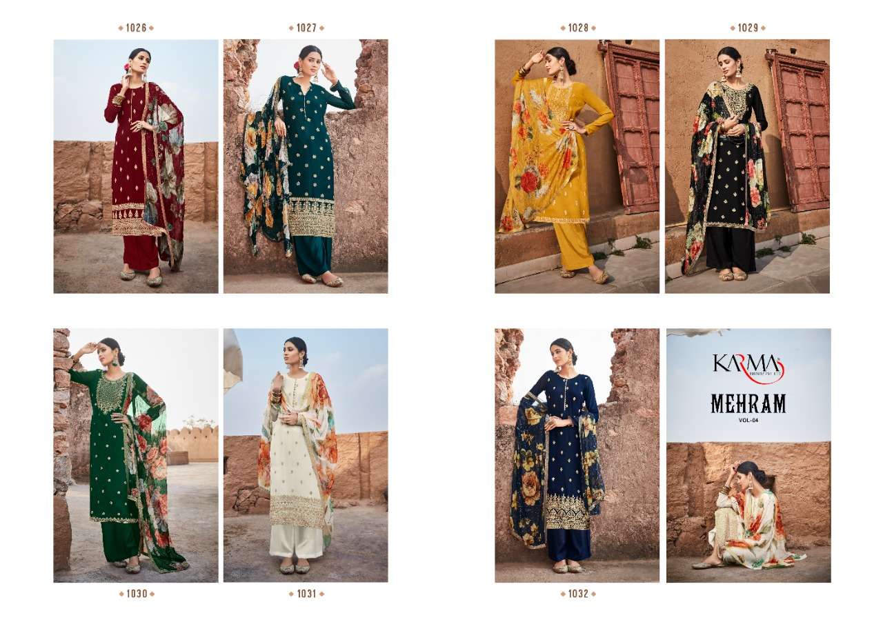 MEHRAM VOL-4 BY KARMA TRENDZ 1026 TO 1032 SERIES BEAUTIFUL SUITS COLORFUL STYLISH FANCY CASUAL WEAR & ETHNIC WEAR PURE GEORGETTE EMBROIDERED DRESSES AT WHOLESALE PRICE