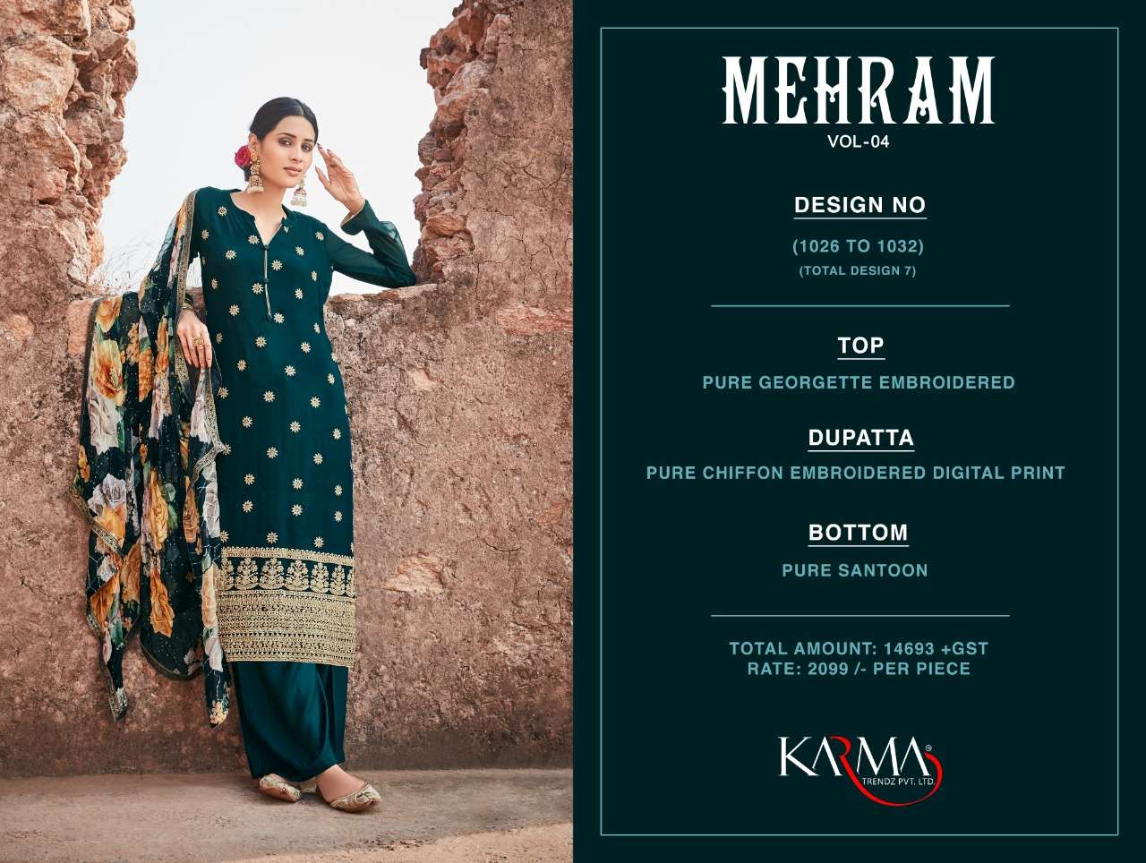 MEHRAM VOL-4 BY KARMA TRENDZ 1026 TO 1032 SERIES BEAUTIFUL SUITS COLORFUL STYLISH FANCY CASUAL WEAR & ETHNIC WEAR PURE GEORGETTE EMBROIDERED DRESSES AT WHOLESALE PRICE