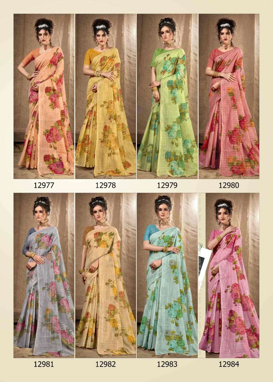 KASHISHWARI BY TRIVENI 12977 TO 12984 SERIES INDIAN TRADITIONAL WEAR COLLECTION BEAUTIFUL STYLISH FANCY COLORFUL PARTY WEAR & OCCASIONAL WEAR LINEN COTTON SAREES AT WHOLESALE PRICE