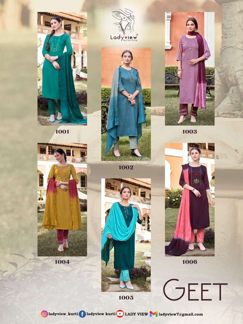 GEET BY LADY VIEW 1001 TO 1006 SERIES BEAUTIFUL SUITS COLORFUL STYLISH FANCY CASUAL WEAR & ETHNIC WEAR VISCOSE SILK DRESSES AT WHOLESALE PRICE