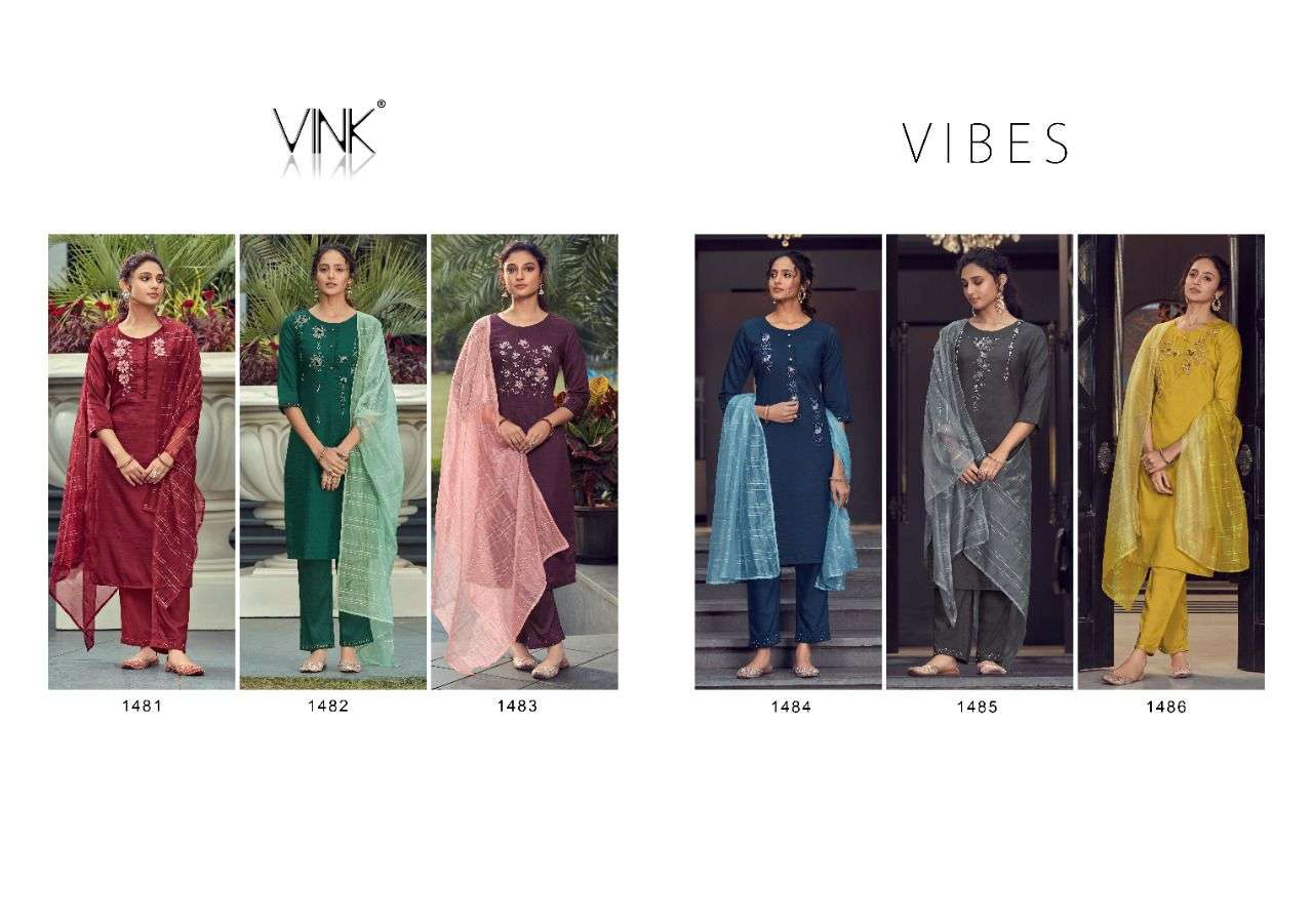 VIBES BY VINK 1481 TO 1486 SERIES BEAUTIFUL SUITS COLORFUL STYLISH FANCY CASUAL WEAR & ETHNIC WEAR VISCOSE SILK EMBROIDERED DRESSES AT WHOLESALE PRICE
