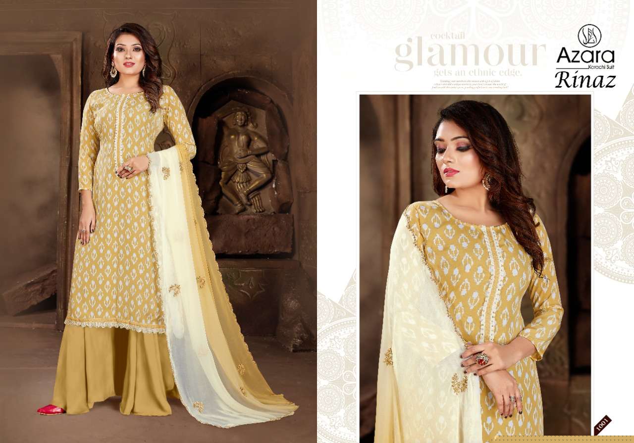 RINAZ BY AZARA 1001 TO 1005 SERIES BEAUTIFUL STYLISH SUITS FANCY COLORFUL CASUAL WEAR & ETHNIC WEAR & READY TO WEAR HEAVY CREPE PRINTED DRESSES AT WHOLESALE PRICE
