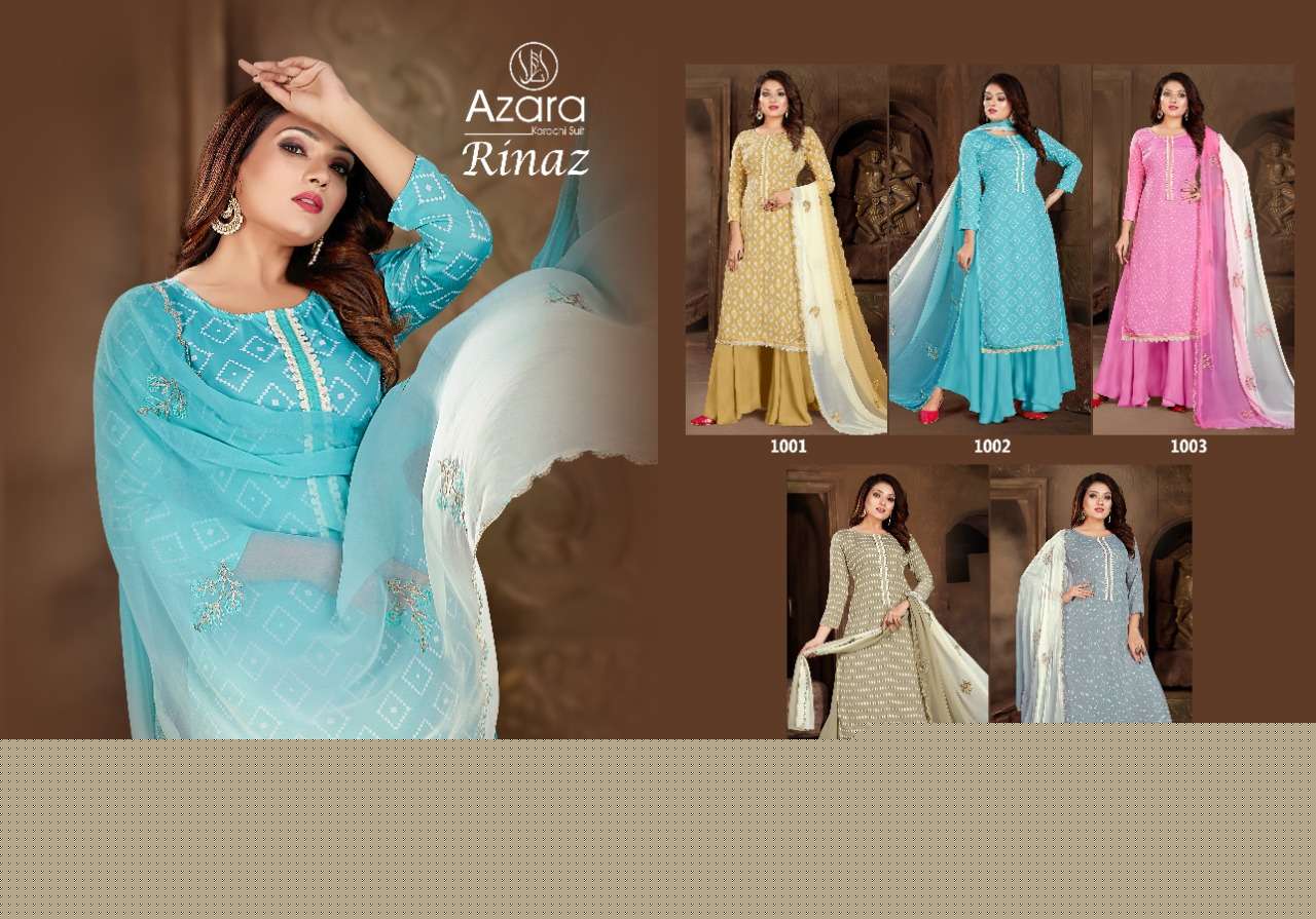 RINAZ BY AZARA 1001 TO 1005 SERIES BEAUTIFUL STYLISH SUITS FANCY COLORFUL CASUAL WEAR & ETHNIC WEAR & READY TO WEAR HEAVY CREPE PRINTED DRESSES AT WHOLESALE PRICE