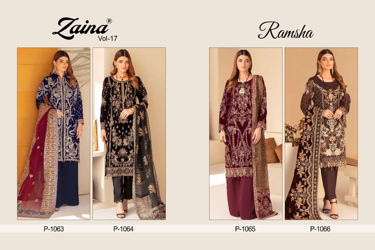 ZAINA VOL-17 BY PRIYAM 1063 TO 1066 SERIES DESIGNER PAKISTANI SUITS BEAUTIFUL STYLISH FANCY COLORFUL PARTY WEAR & OCCASIONAL WEAR FAUX GEORGETTE DRESSES AT WHOLESALE PRICE