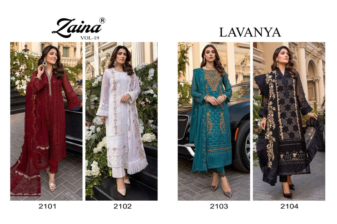 ZAINA VOL-19 BY PRIYAM 2101 TO 2104 SERIES DESIGNER PAKISTANI SUITS BEAUTIFUL STYLISH FANCY COLORFUL PARTY WEAR & OCCASIONAL WEAR FAUX GEORGETTE DRESSES AT WHOLESALE PRICE