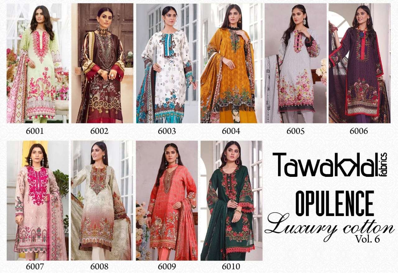 OPULENCE LUXURY COTTON VOL-6 BY TAWAKKAL FAB 6001 TO 6010 SERIES BEAUTIFUL SUITS COLORFUL STYLISH FANCY CASUAL WEAR & ETHNIC WEAR COTTON PRINT DRESSES AT WHOLESALE PRICE