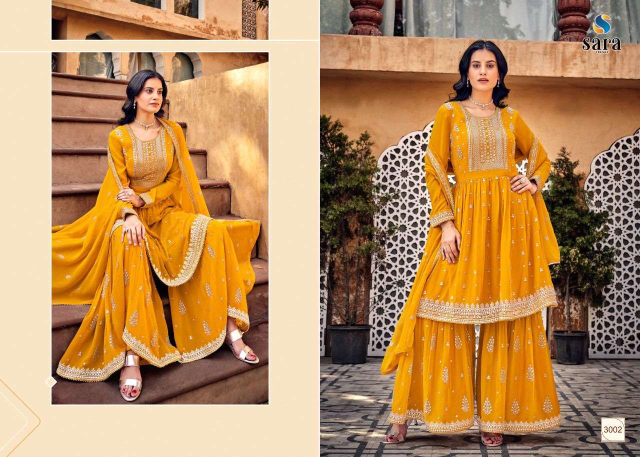 SAYARA BY SARA TRENDZ 3001 TO 3004 SERIES BEAUTIFUL STYLISH SHARARA SUITS FANCY COLORFUL CASUAL WEAR & ETHNIC WEAR & READY TO WEAR HEAVY GEORGETTE EMBROIDERED DRESSES AT WHOLESALE PRICE