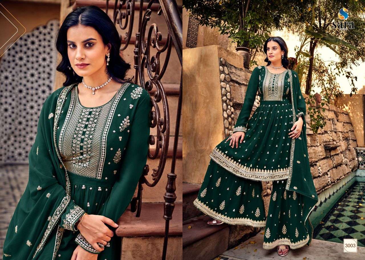 SAYARA BY SARA TRENDZ 3001 TO 3004 SERIES BEAUTIFUL STYLISH SHARARA SUITS FANCY COLORFUL CASUAL WEAR & ETHNIC WEAR & READY TO WEAR HEAVY GEORGETTE EMBROIDERED DRESSES AT WHOLESALE PRICE