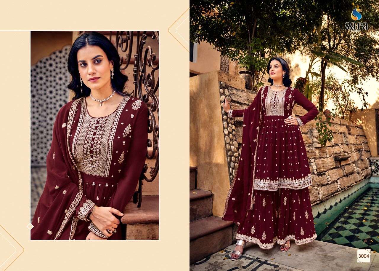 SAYARA BY SARA TRENDZ 3001 TO 3004 SERIES BEAUTIFUL STYLISH SHARARA SUITS FANCY COLORFUL CASUAL WEAR & ETHNIC WEAR & READY TO WEAR HEAVY GEORGETTE EMBROIDERED DRESSES AT WHOLESALE PRICE