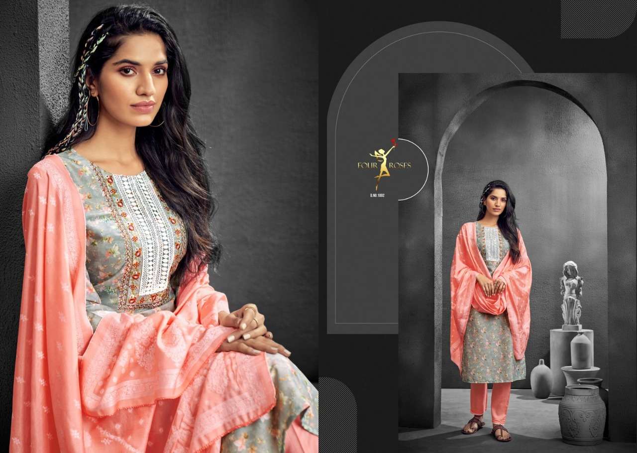 DESIRE BY FOUR ROSES 1001 TO 1006 SERIES BEAUTIFUL SUITS COLORFUL STYLISH FANCY CASUAL WEAR & ETHNIC WEAR PURE VISCOSE MUSLIN DRESSES AT WHOLESALE PRICE