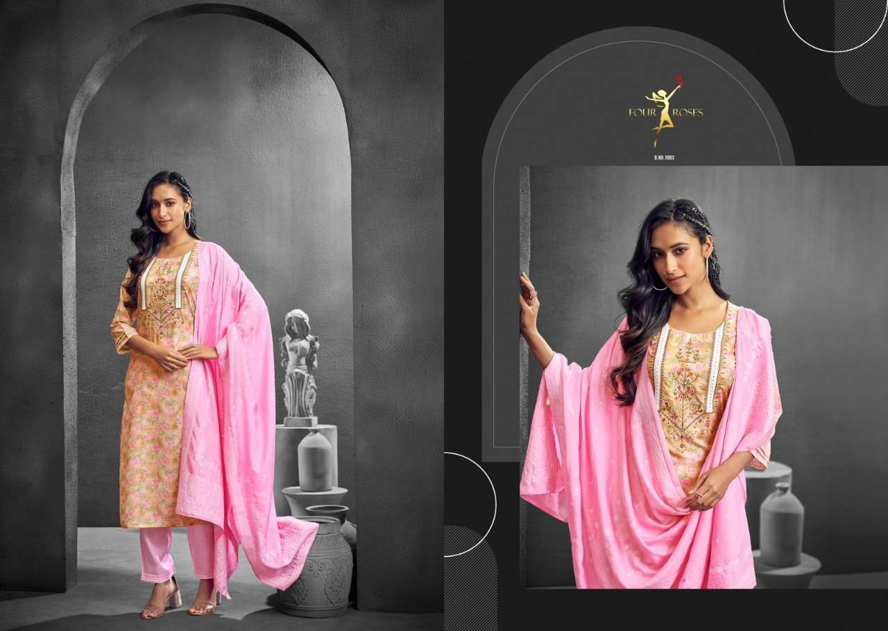 DESIRE BY FOUR ROSES 1001 TO 1006 SERIES BEAUTIFUL SUITS COLORFUL STYLISH FANCY CASUAL WEAR & ETHNIC WEAR PURE VISCOSE MUSLIN DRESSES AT WHOLESALE PRICE