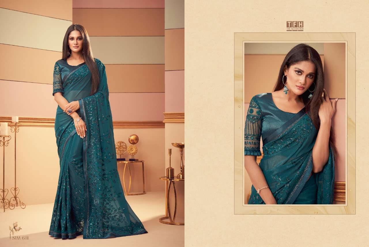SIMRAN STORY BY TFH INDIAN TRADITIONAL WEAR COLLECTION BEAUTIFUL STYLISH FANCY COLORFUL PARTY WEAR & OCCASIONAL WEAR FANCY SAREES AT WHOLESALE PRICE