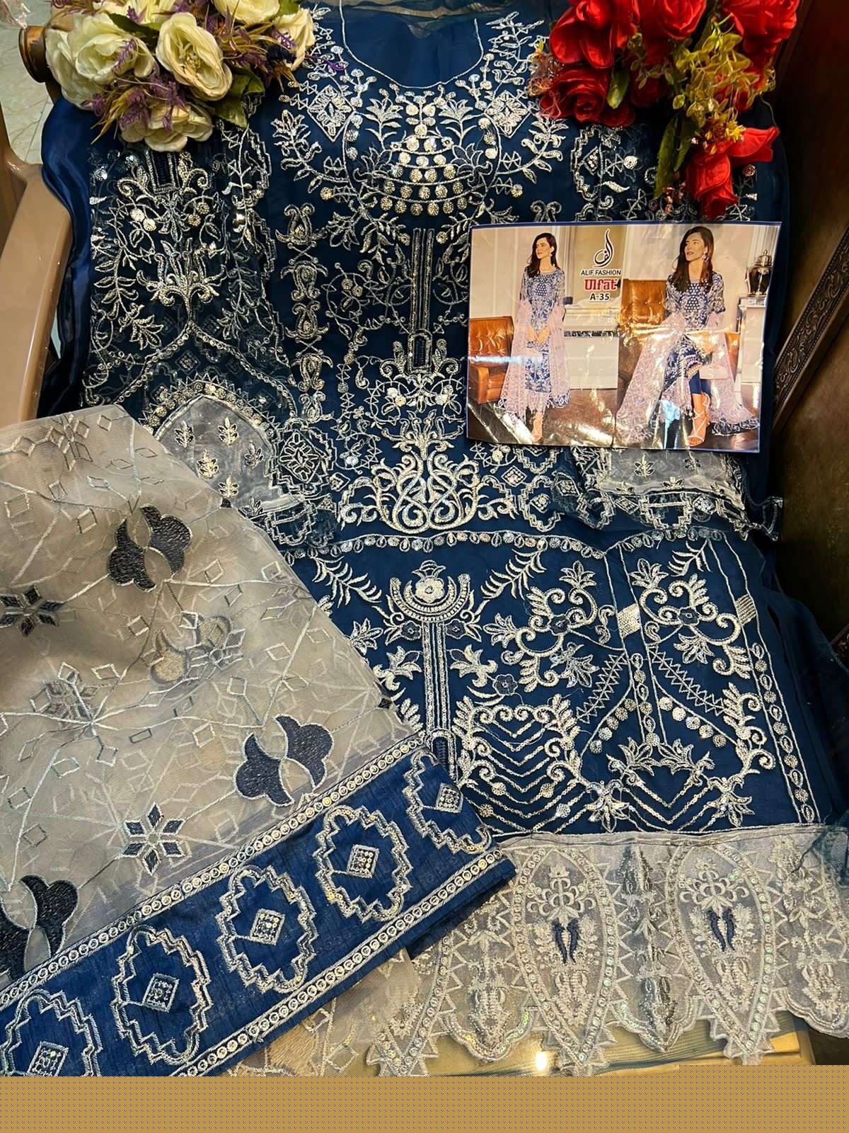 ULFAT BY ALIF FASHION DESIGNER PAKISTANI SUITS BEAUTIFUL STYLISH FANCY COLORFUL PARTY WEAR & OCCASIONAL WEAR HEAVY BUTTERFLY NET DRESSES AT WHOLESALE PRICE