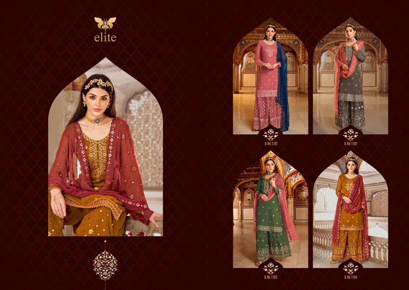 ELITE BY MOHINI FASHION 1101 TO 1104 SERIES BEAUTIFUL STYLISH SHARARA SUITS FANCY COLORFUL CASUAL WEAR & ETHNIC WEAR & READY TO WEAR PURE VISCOSE GEORGETTE DRESSES AT WHOLESALE PRICE