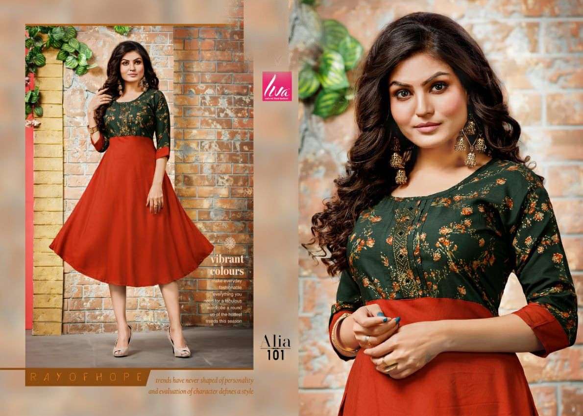 ALIA BY LIVA 101 TO 106 SERIES DESIGNER STYLISH FANCY COLORFUL BEAUTIFUL PARTY WEAR & ETHNIC WEAR COLLECTION RAYON MUSLIN KURTIS AT WHOLESALE PRICE