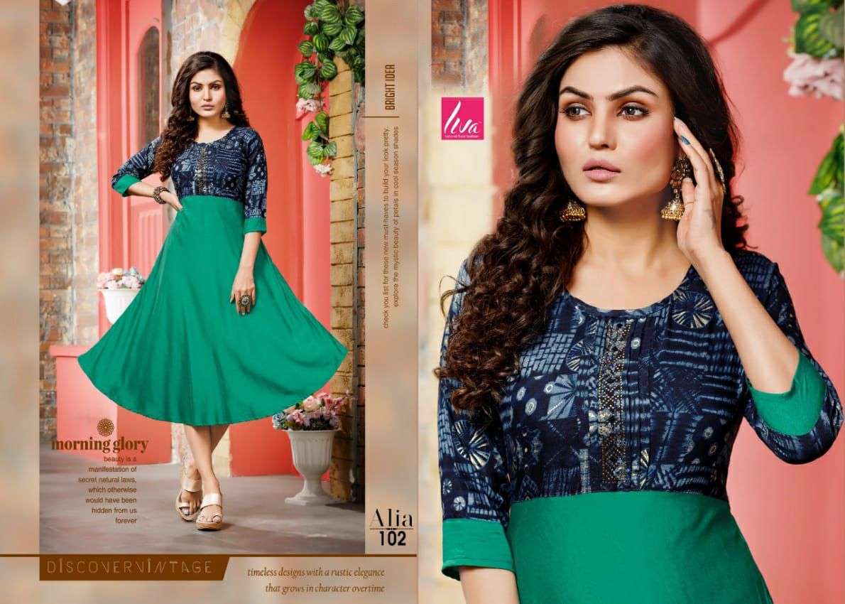 ALIA BY LIVA 101 TO 106 SERIES DESIGNER STYLISH FANCY COLORFUL BEAUTIFUL PARTY WEAR & ETHNIC WEAR COLLECTION RAYON MUSLIN KURTIS AT WHOLESALE PRICE