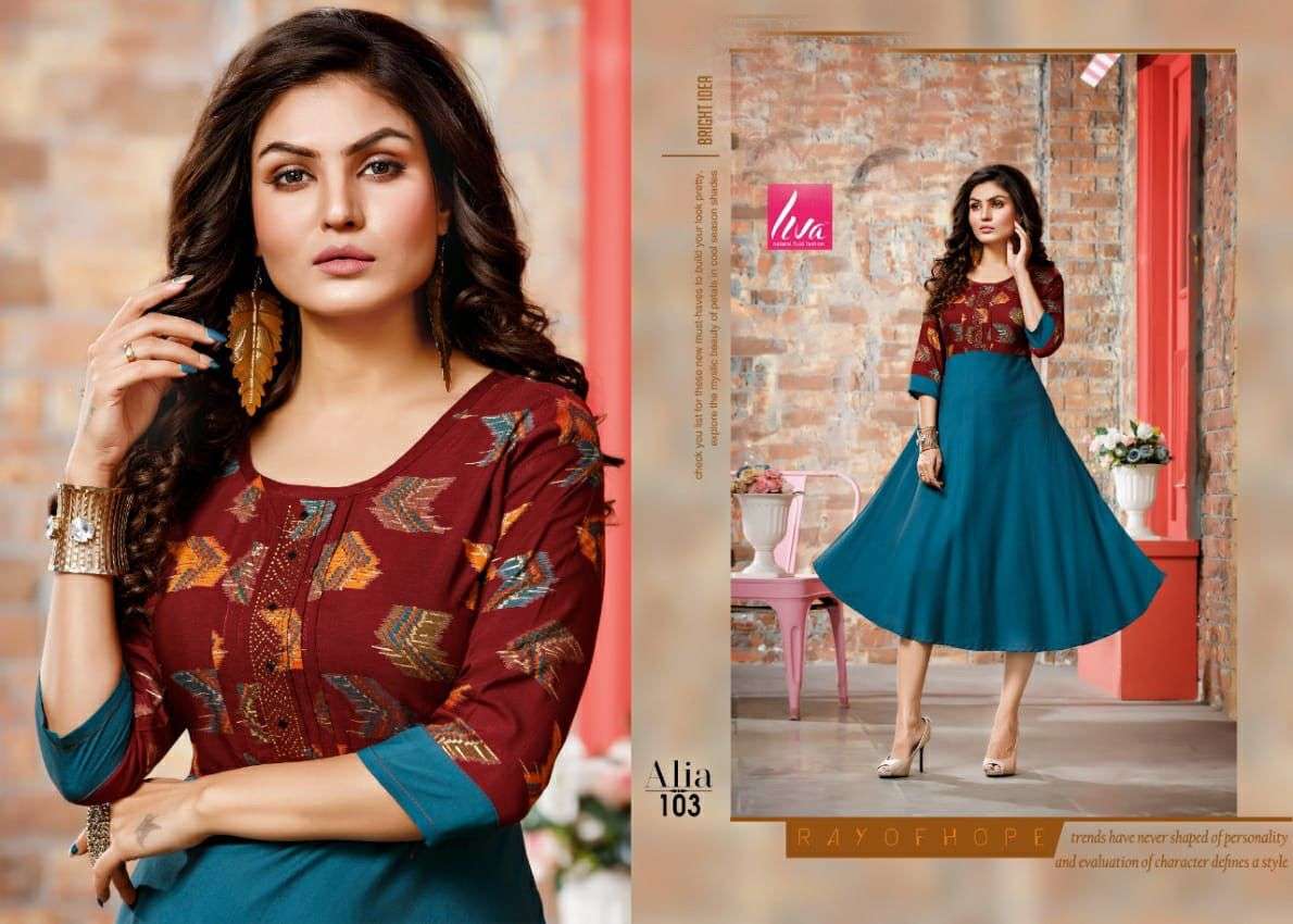 ALIA BY LIVA 101 TO 106 SERIES DESIGNER STYLISH FANCY COLORFUL BEAUTIFUL PARTY WEAR & ETHNIC WEAR COLLECTION RAYON MUSLIN KURTIS AT WHOLESALE PRICE